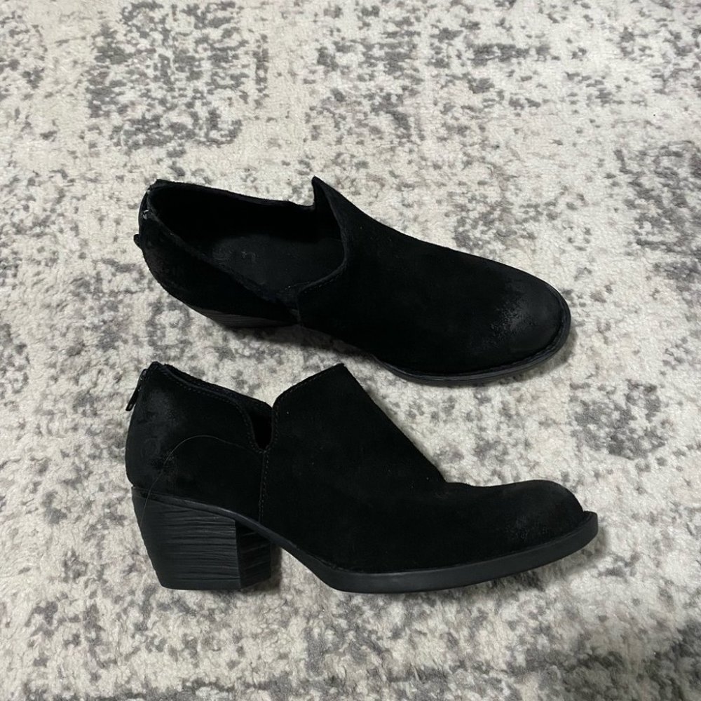 Born booties suede leather black burnished chunky block heel 8